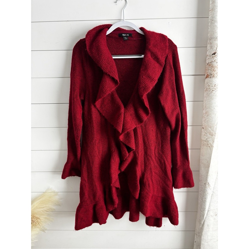 Style & Co Wool‎ Blend Ruffle Sweater Cardigan Size Medium Women's Red